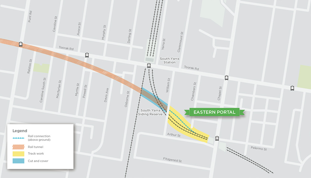 Eastern Portal - map showing rail connection, track work, rail tunnel and cut and cover location