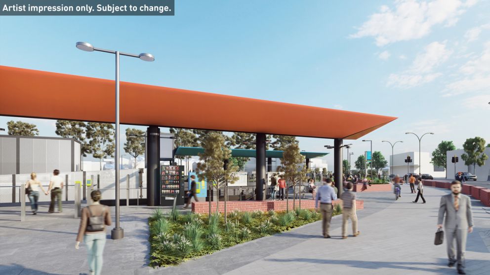 The station forecourt will feature large planter boxes that double as seating. Artist impression only. Subject to change.