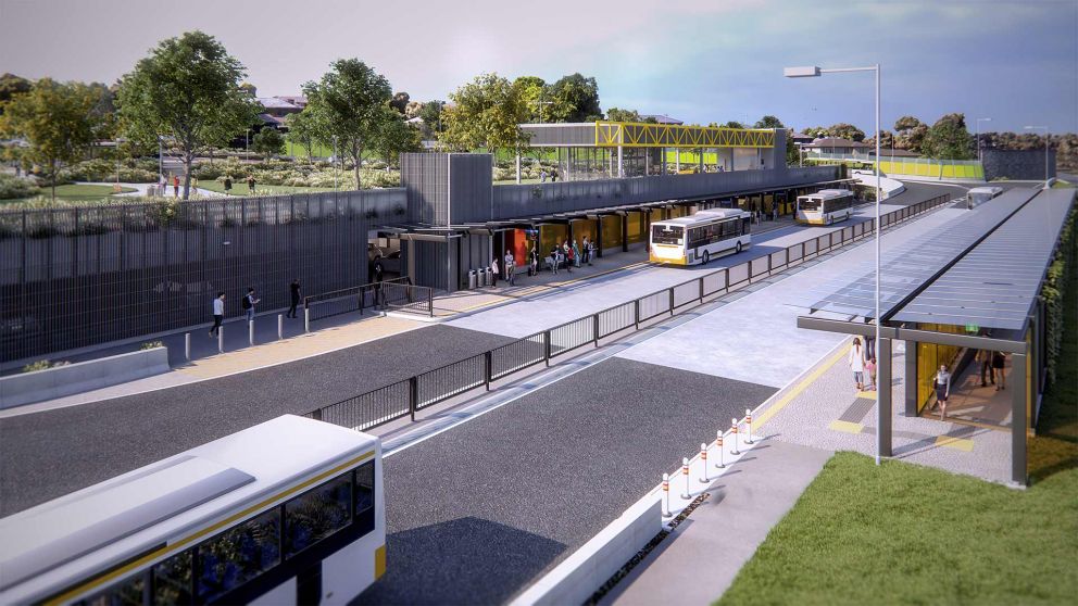Artist impression that shows view above the Bulleen Park and Ride, showing buses on road and people in and around platforms and view of park in the top left.