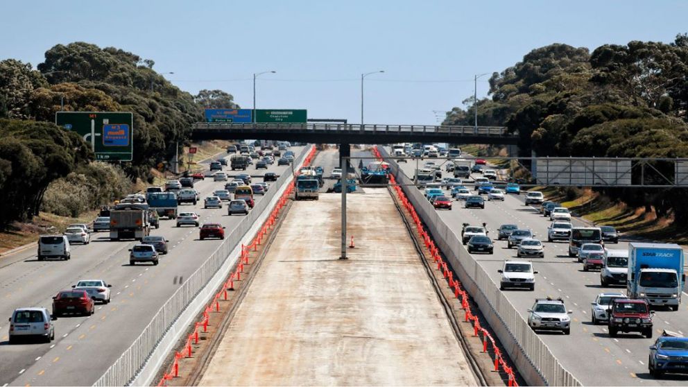 Photo of the Monash Freeway with works in centre medium