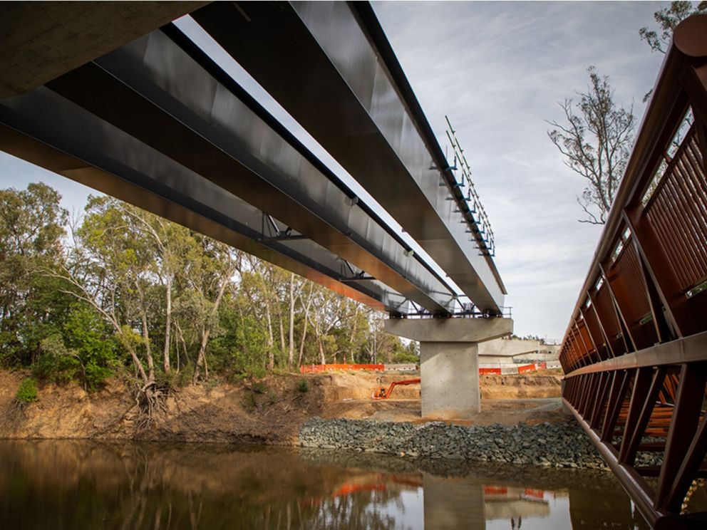 Steel beams in place for Campaspe River bridge and the new shared walking and cycling bridge installed.