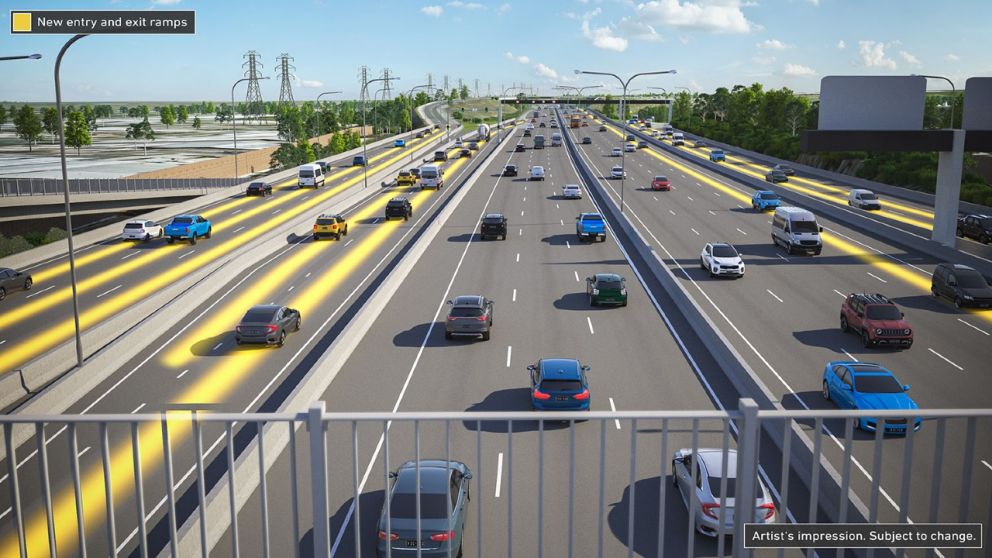 Artist's impression of the new lanes and Edgars Road ramps, Altona-bound view.