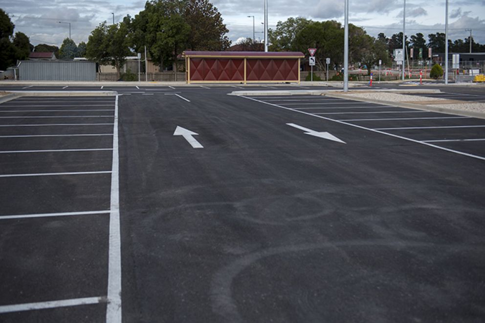 The completed new car park at Donnybrook Station with new bus shelters visible