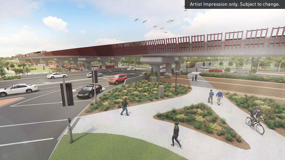 Artist impression of the new rail bridge from west of Werribee Street. Artist impression only. Subject to change.