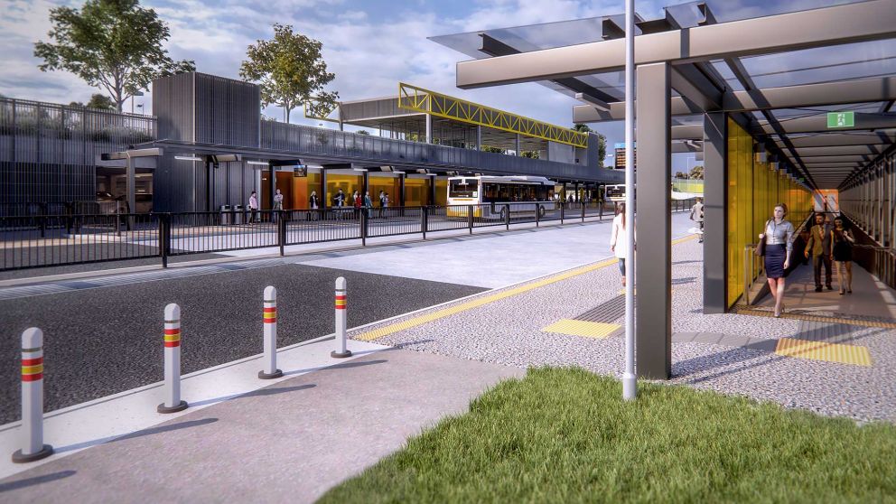 Artist impression of Bulleen Park and Ride southern platform looking northeast with people exiting from the car park and people waiting to board the buses at the platforms.
