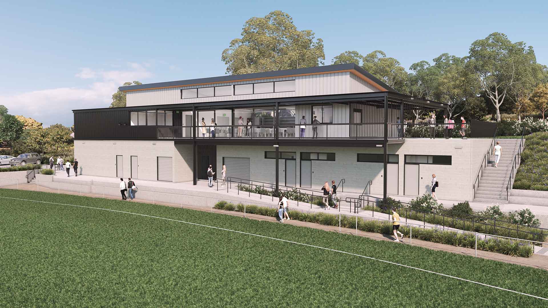 Artist impression of Binnak Park pavilion with windows overlooking the sports oval. People can be seen at the inside windows and people are walking around the exterior of the pavilion.