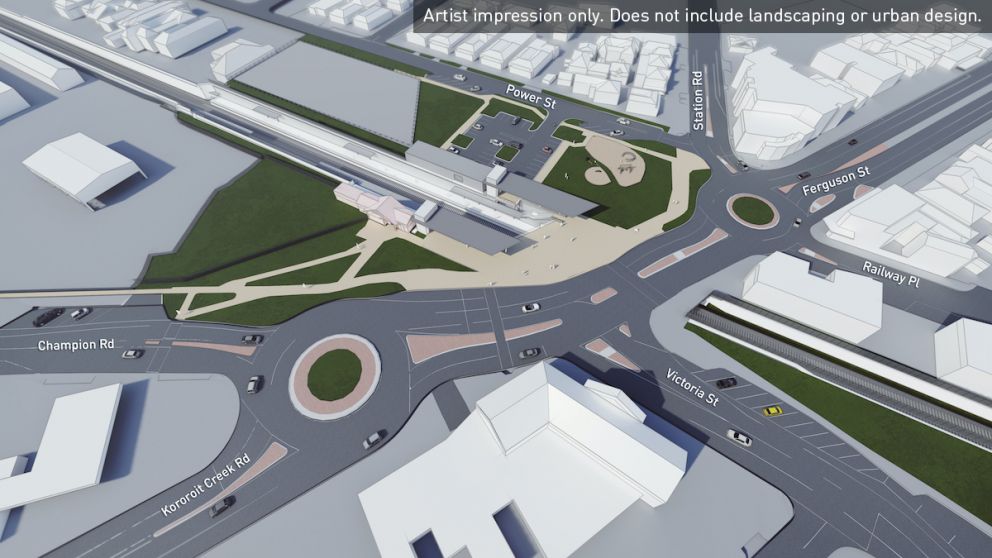 New Ferguson Street rail under road design looking North East from Victoria Street. Artist impression only, does not include landscaping or urban design