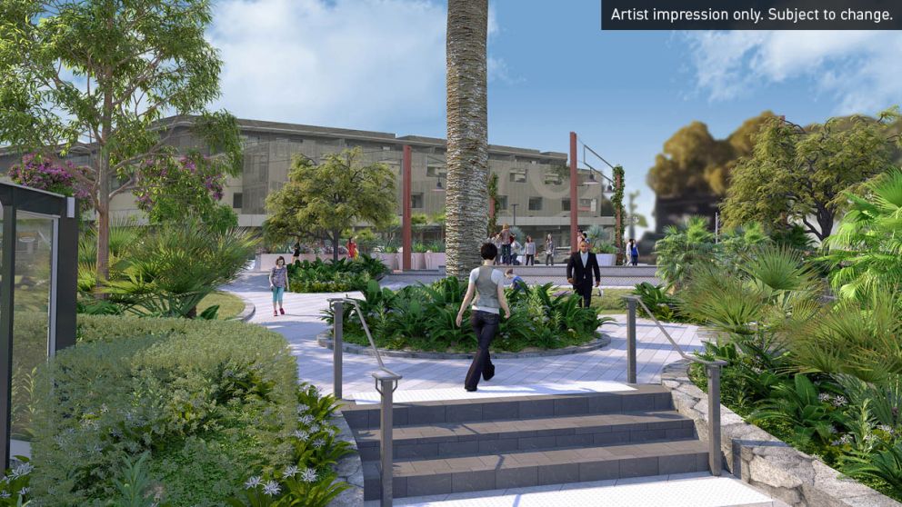 Artist impression of Mentone Station garden design looking towards the heritage deck. Artist impression only. Subject to change.