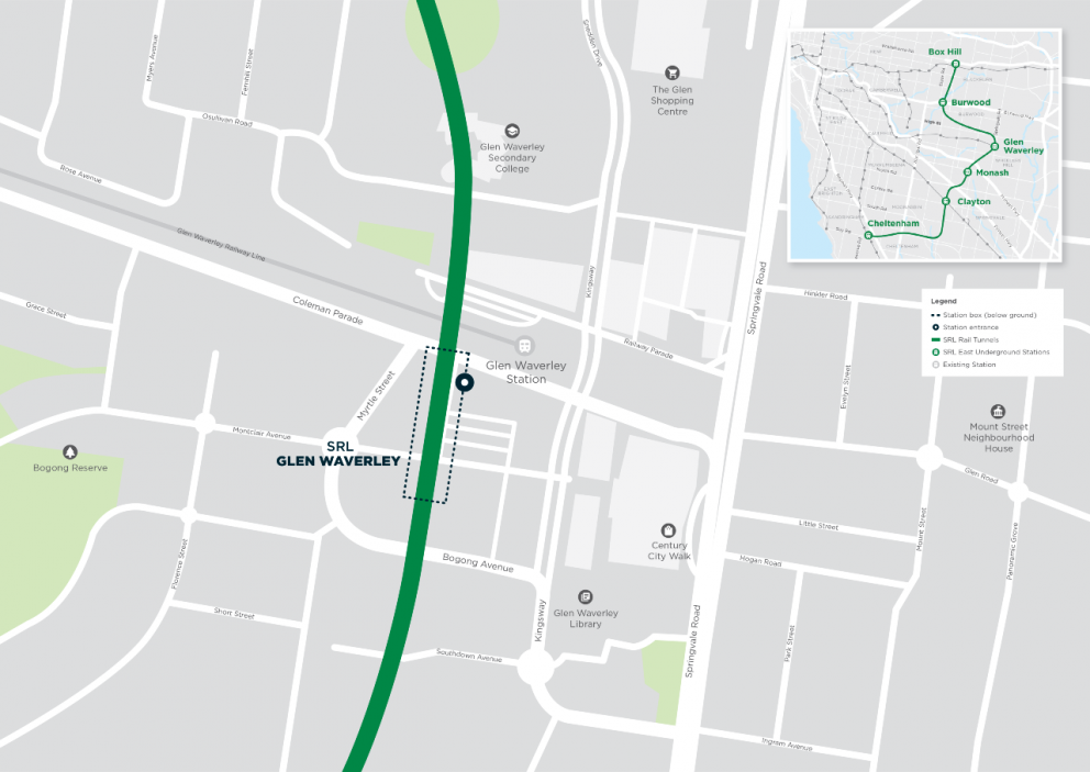 Map: SRL Glen Waverley Station between Myrtle Street and Springvale Road