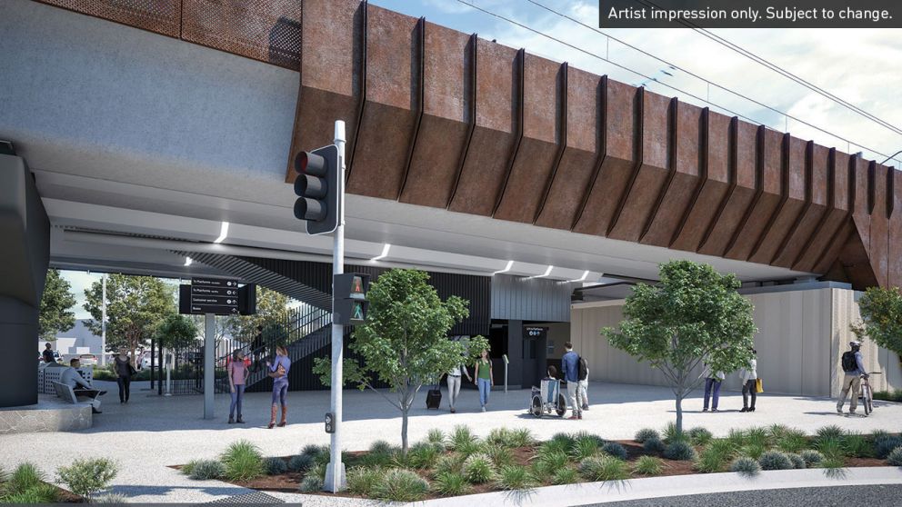 Artist impression of second entrance to new Lilydale Station near pedestrian crossing and with nearby landscaping. Artist impression only. Subject to change.