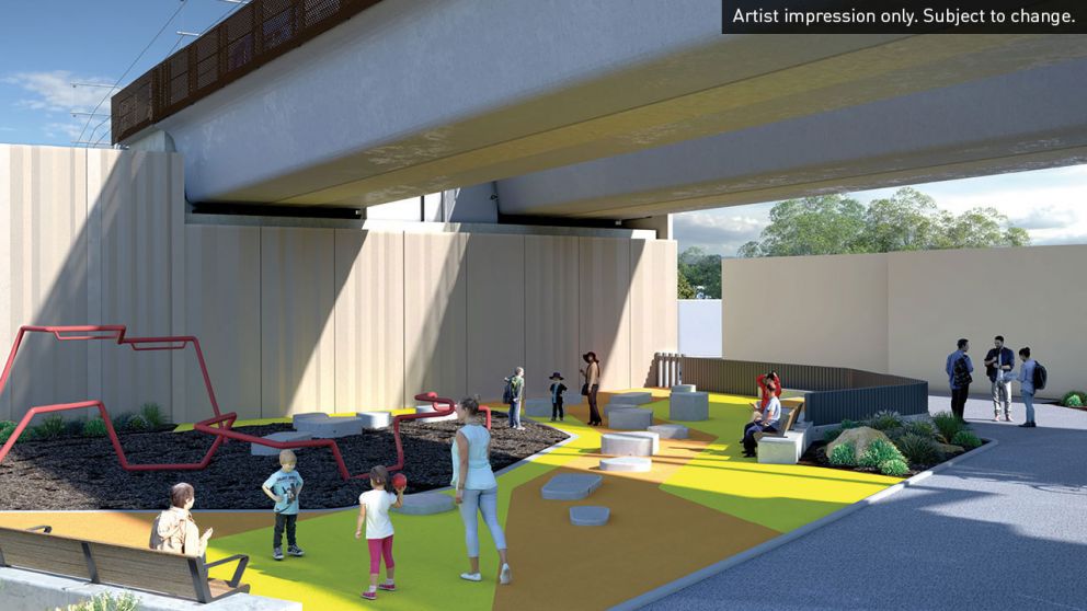 Artist impression of new open space under Mooroolbark elevated rail. Artist impression only. Subject to change.