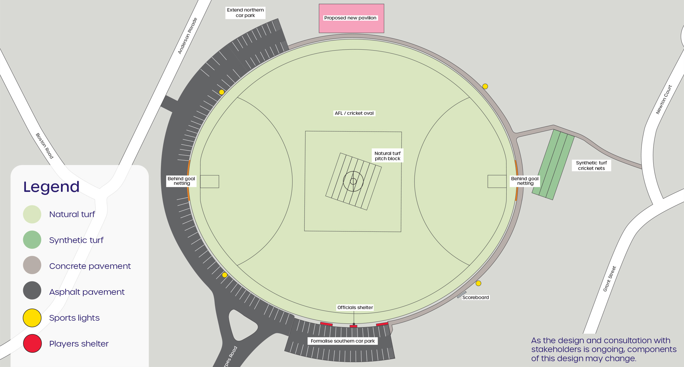 A map showing Binnak Park oval in Watsonia North, highlighting the proposed new facilities including natural turf, synthetic turf, concrete pavement, asphalt pavement, sports lights and players shelter.