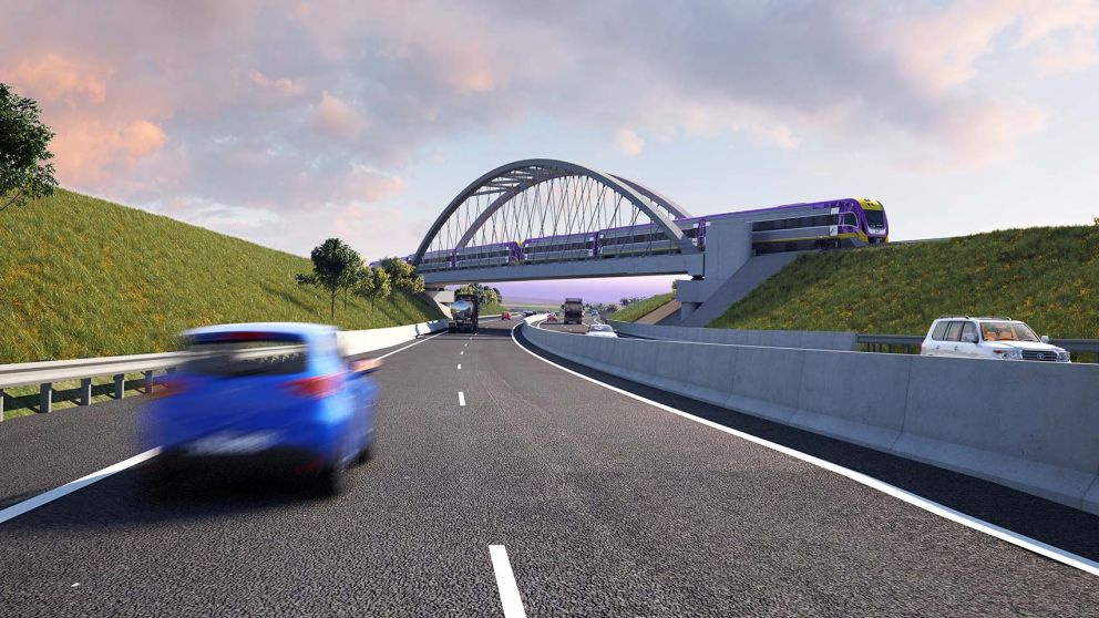 Artist impression of road users view of the new rail bridge in Kilmany