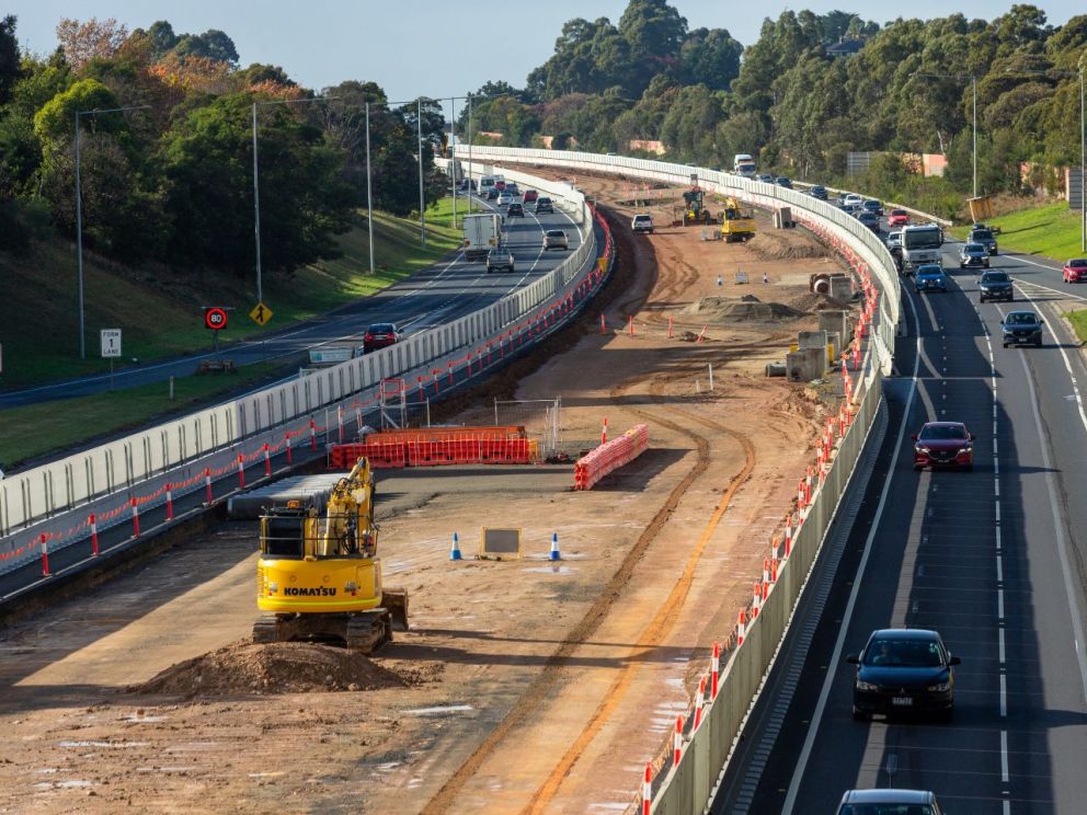 Excavation work in the centre median to widen the freeway in Officer 