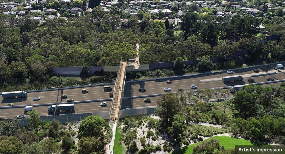 An artist impression aerial view of the bridge at Cabena Street crossing the Eastern Freeway.