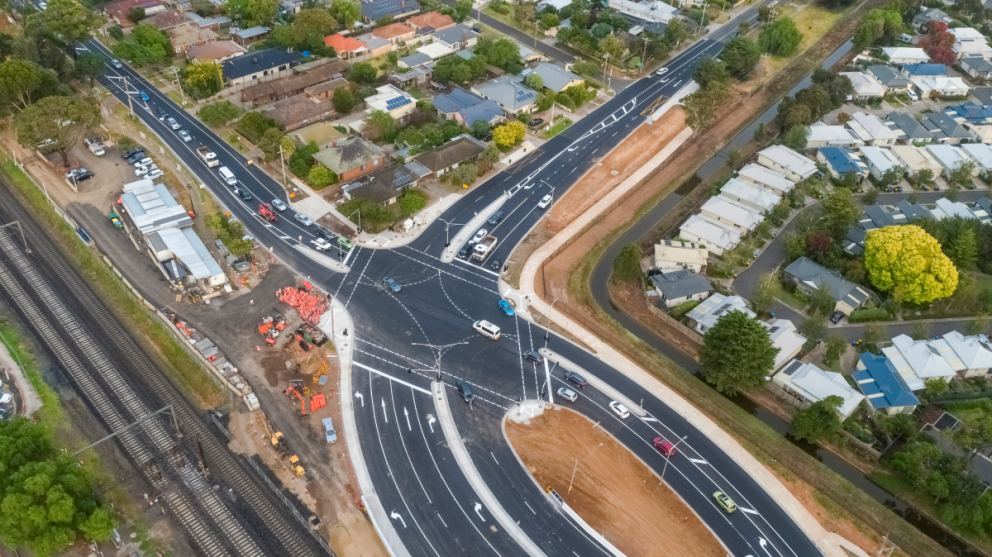 Aerial photo of new road bridge connecting Princes Highway to Tarneit Road