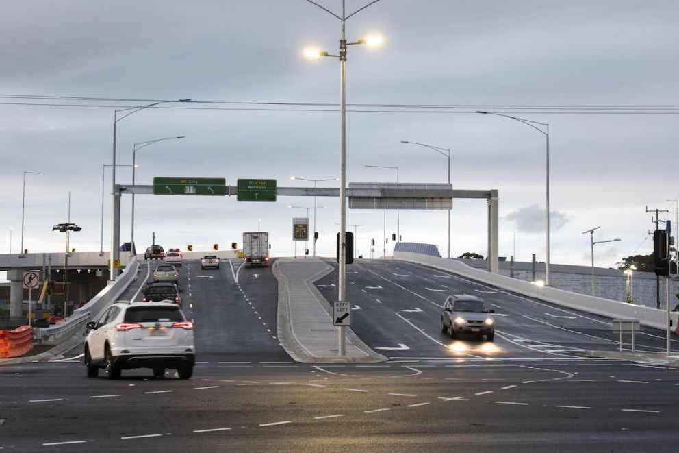 Cars travelling over the newly opened Old Geelong Road bridge.