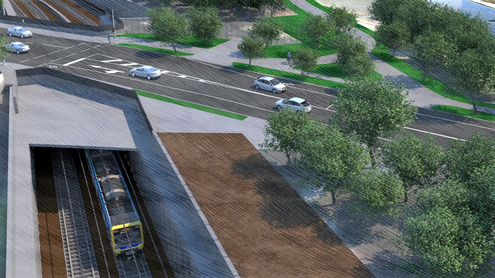 Looking north at cars travelling over the rail trench on Bedford Road. Artist impression only, subject to change.