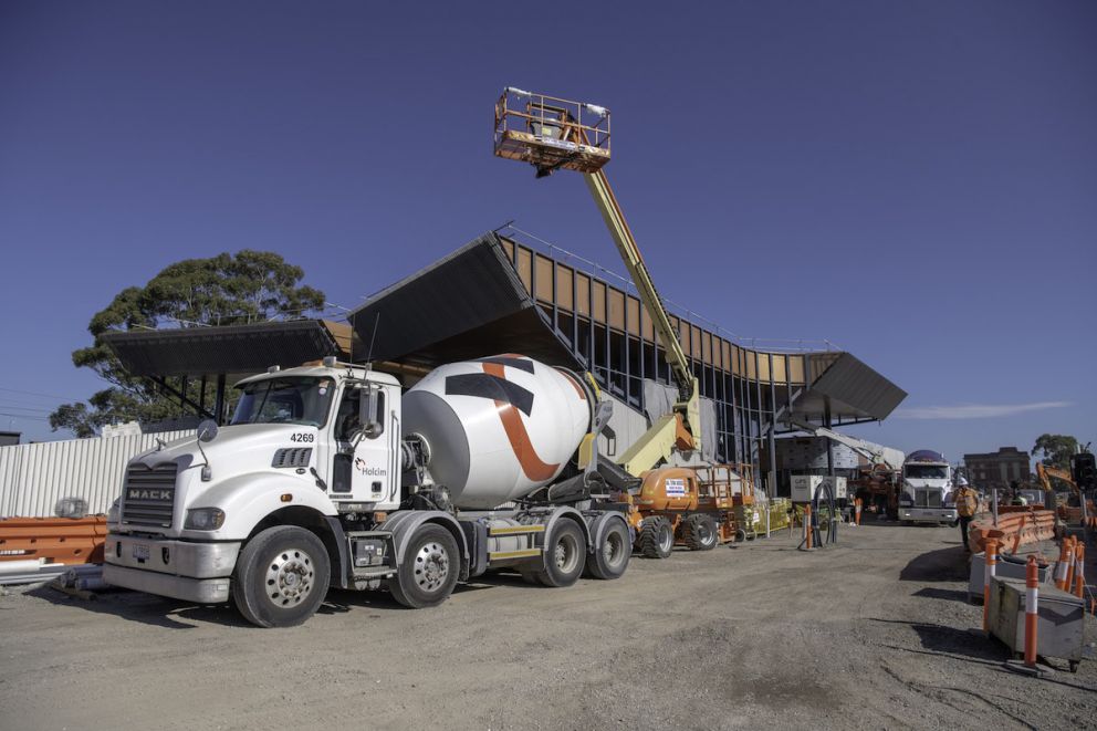 Installing sections of the facade on the new Glenroy Station