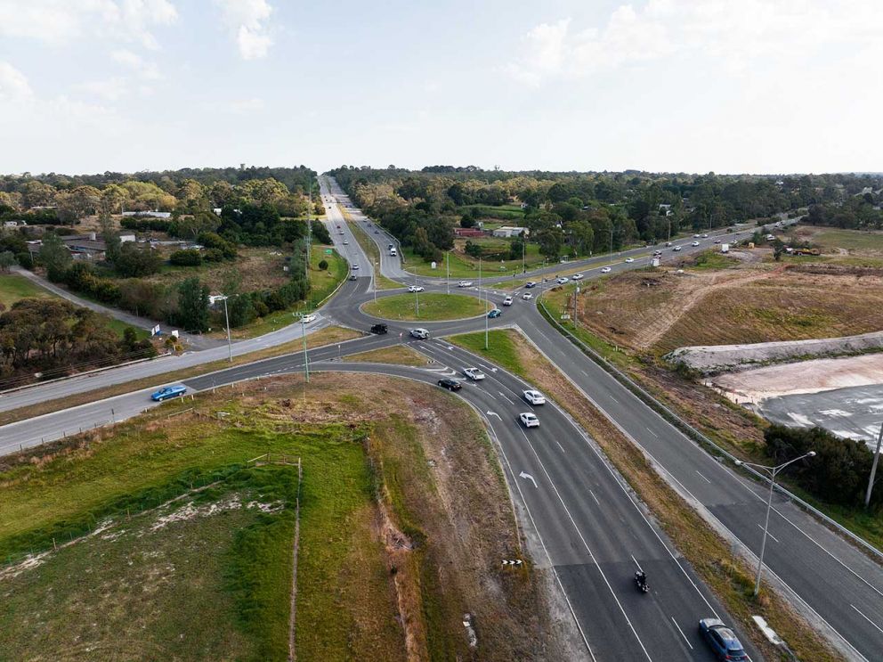 Aerial view of the Cranbourne-Frankston Road and Western Port Highway intersection