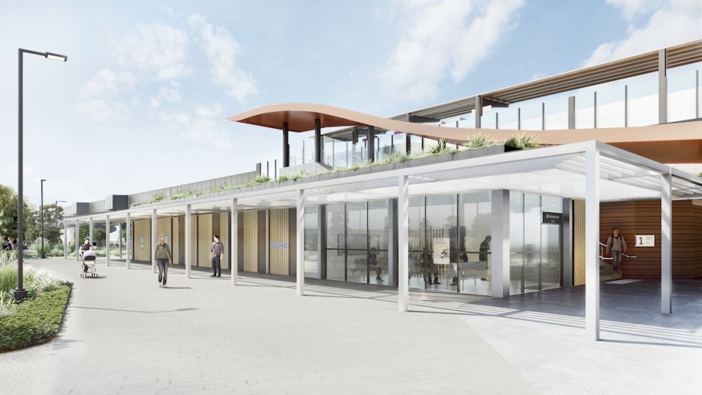 Deer Park Station air-conditioned waiting room with rooftop garden and elevated station platform. Artist impression only, subject to change.