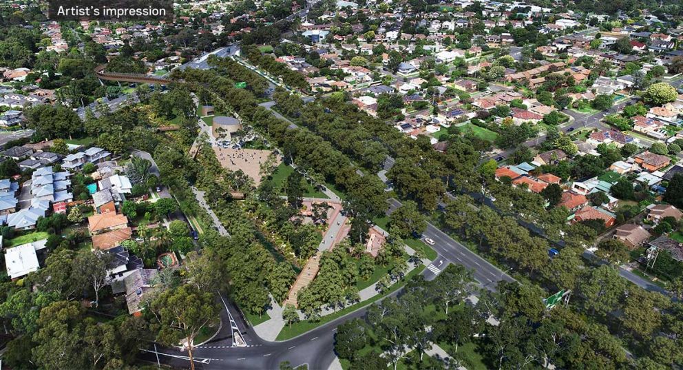 Artist’s impression aerial view looking south of Borlase Reserve parklands with new playground, bridge over Lower Plenty Road to Banyule Flats and Greensborough Road boulevard, Yallambie. 
