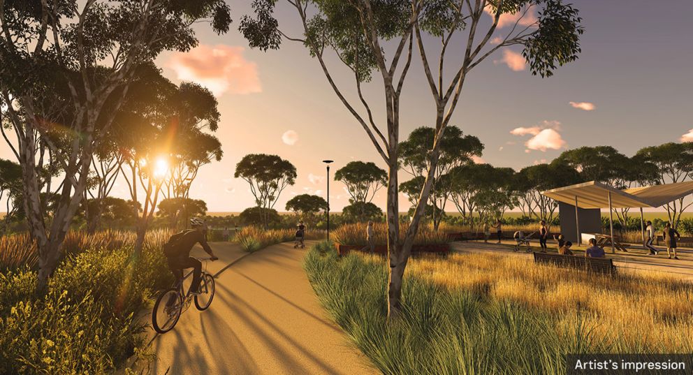 Artist’s impression view of cycle and walking trail over the Yarra Link green bridge with rest area, Bulleen. 