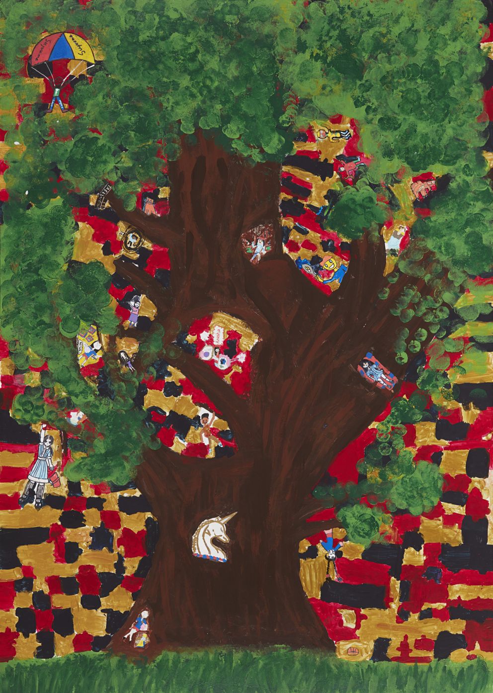 Artwork of large gumtree with puzzle pieces to represent the school
