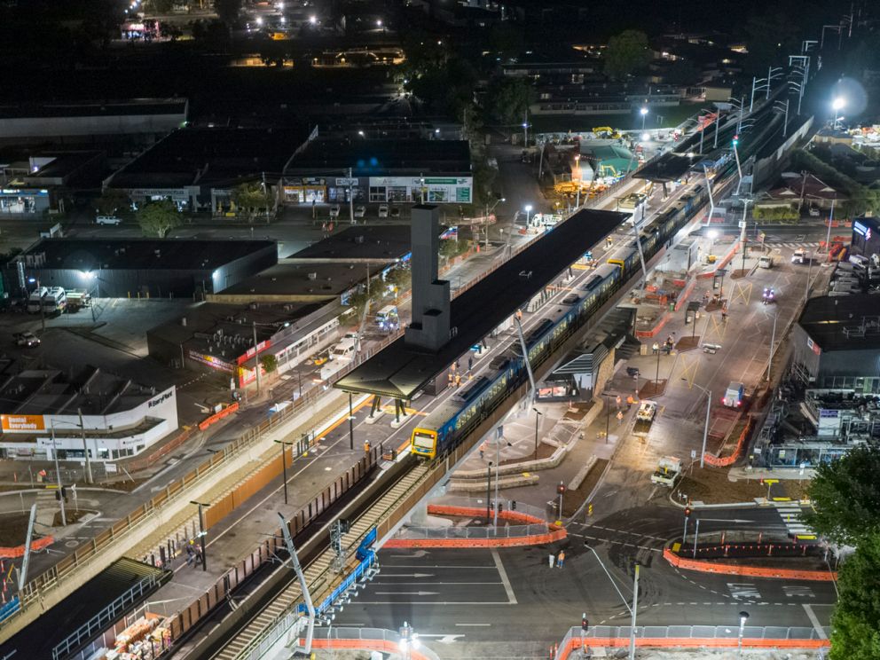Aerial night shot of new elevated Lilydale Station.