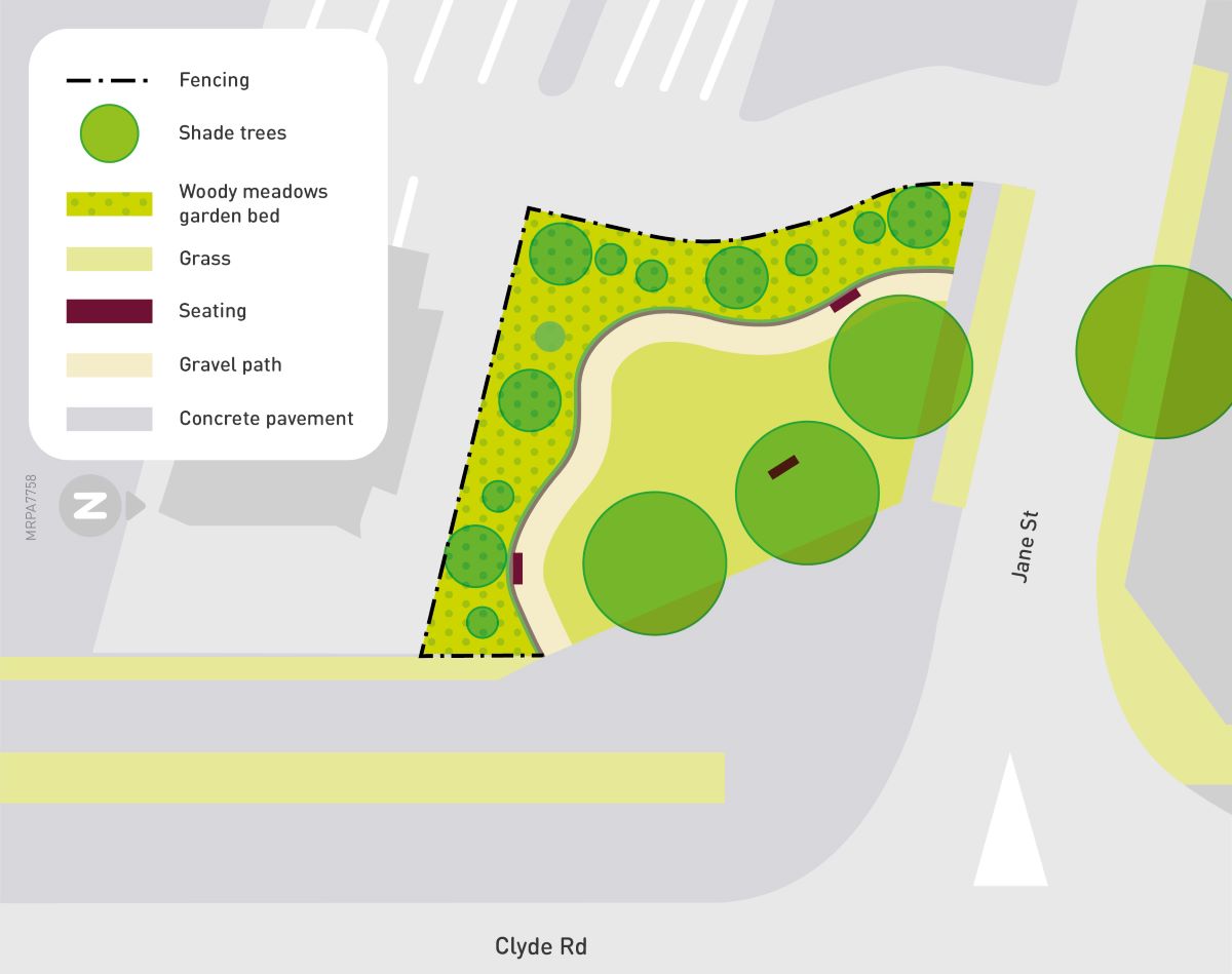 A map showing the layout of new Berwick pocket park, featuring trees, gardens and a footpath