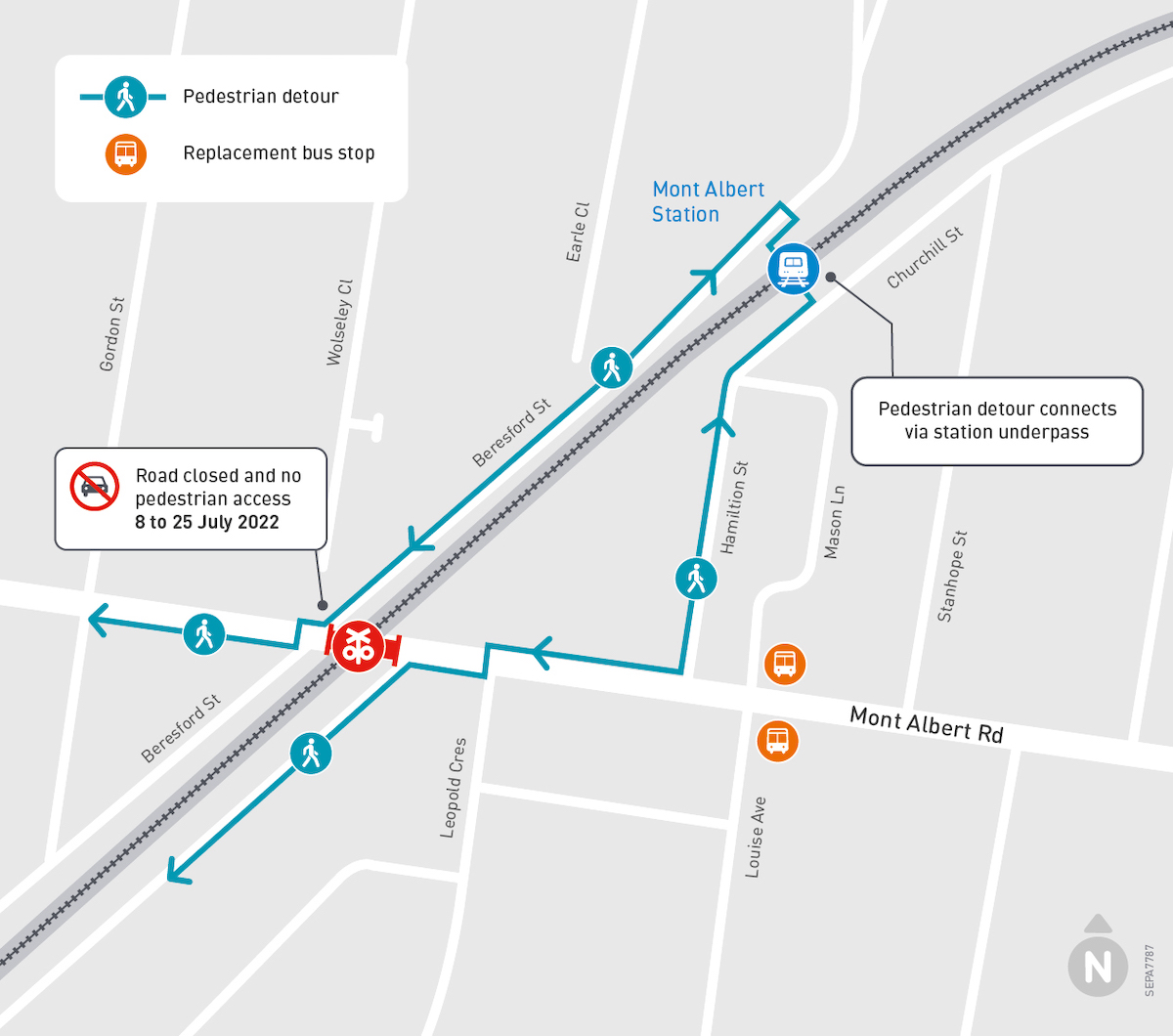 Map showing pedestrian detours at and Mont Albert Road, Mont Albert in July 2022