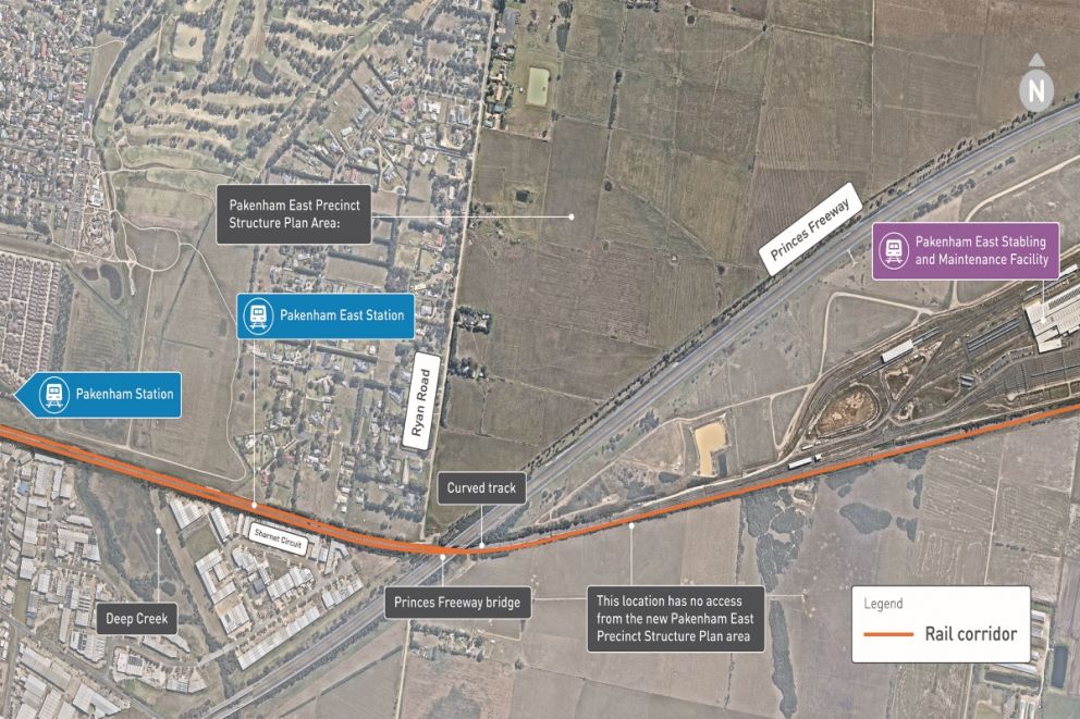 Aerial map showing the location of the new Pakenham East Station