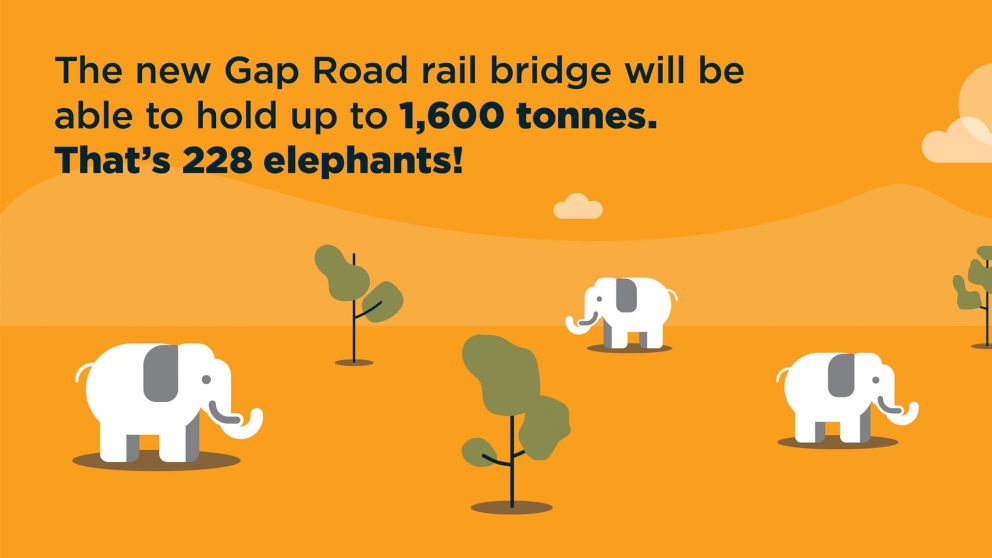 Image with text: The new Gap Road rail bridge will be able to hold up to 1600 tonnes. That's 228 elephants!