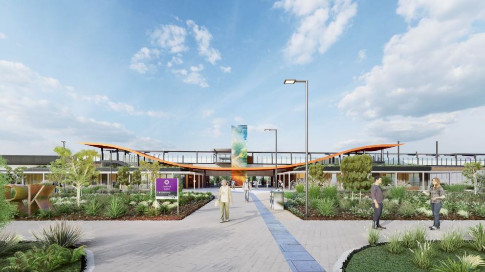 Artist's render of the new Deer Park Station. In the foreground there are people pictured using the pedestrian paths, as well as landscaped garden beds. In the background is the new station building.