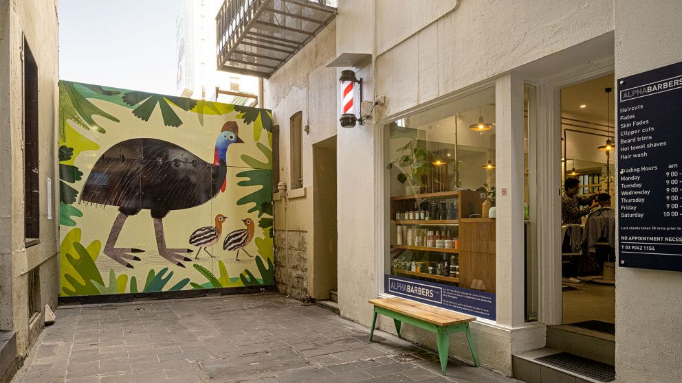 View of the Dinosaur Bird artwork in Scott Alley
