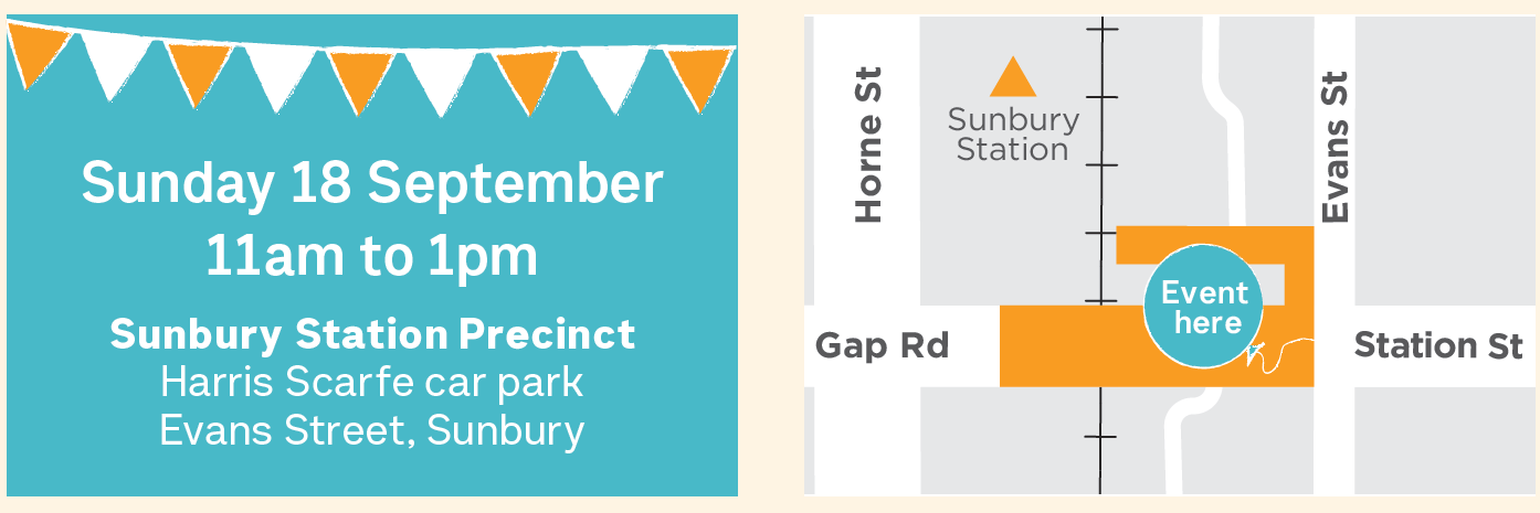 White writing on a blue background with the text Gap Road Community Day Sunday 18 September 11am to 1pm and a map showing the event location on Gap Road between Horne and Evans streets