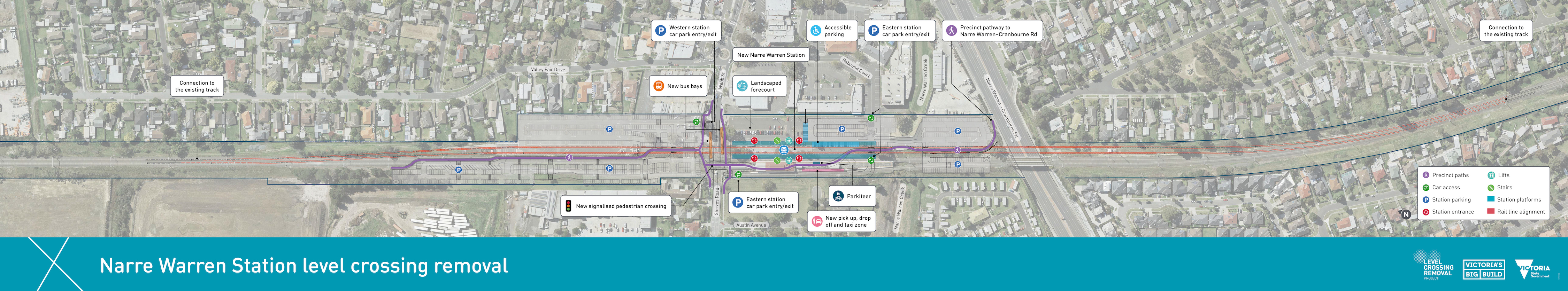 Aerial view of Narre Warren Station and surrounds including elevation of rail bridge.