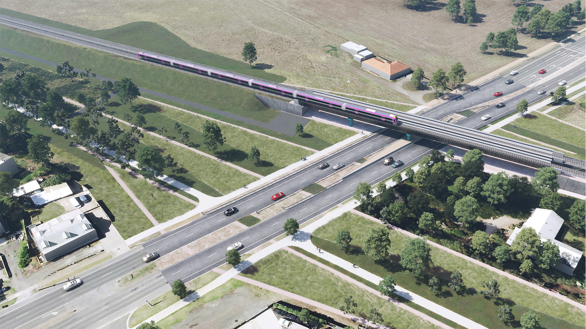 Image: concept of Surf Coast Highway from an aerial view, showing vehicles driving along Surf Coast Highway underneath the elevated rail bridge. The image shows a six-car V/Line train using the elevated rail bridge across Surf Coast Highway. 