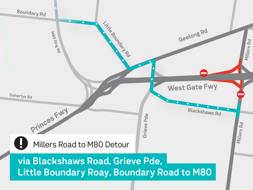 A map showing the Millers Rd to M80 detour.