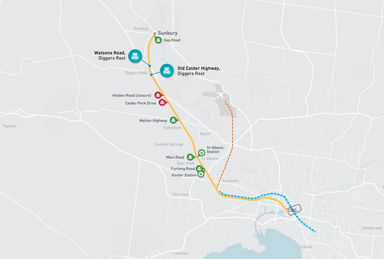 Map of the Sunbury Line showing the level crossings that have been removed, those in construction and those that will be gone by 2026. Crossings listed above.