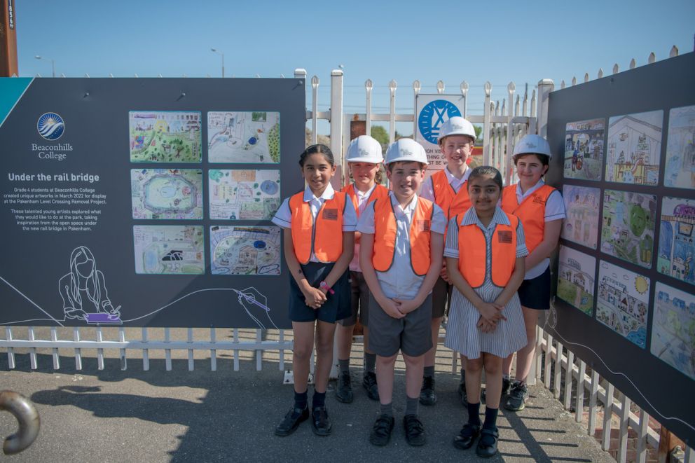 Beaconhills College students - Briana, Alliyah, Flynn, Zac, Luka and Daisy dressed in Level Crossings hi-viz