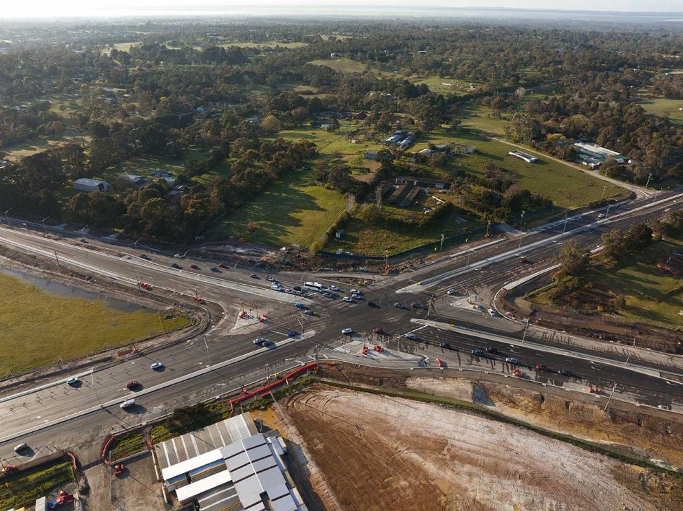 Aerial view of the reopened Cranbourne-Frankston Road intersection