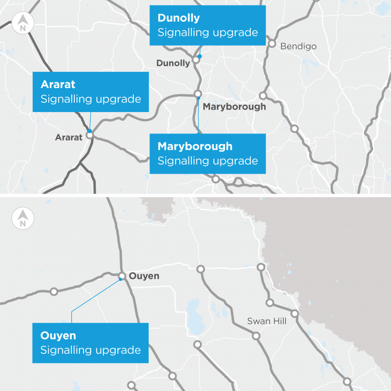 A dual map showing four signalling locations. The top map depicts central victoria and contains three information boxes  that say 'signalling upgrade' pointing to the towns of Maryborough, Ararat and Dunolly. The bottom map shows northern Victoria with an informaton box that say 'signalling upgrade' pointing to the town of Ouyen. 