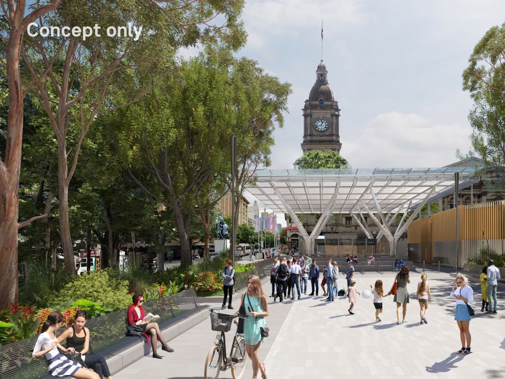Render of Town Hall Station entrance from City Square