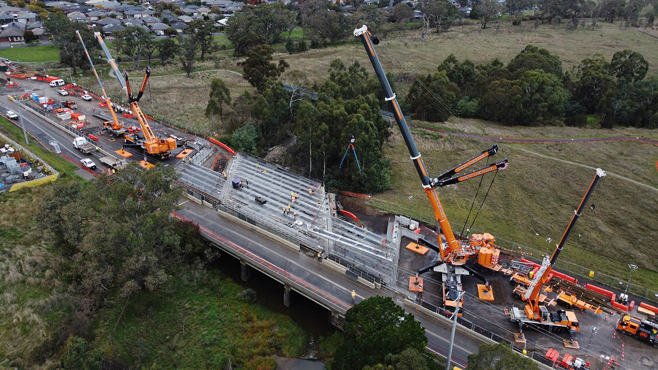 Bridge beams in place on new bridge over Plenty River