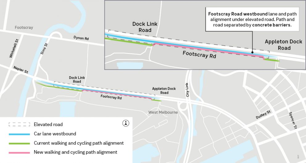 Detour map for cyclists and pedestrians - Footscray Rd eastbound closure from 28 May 2023