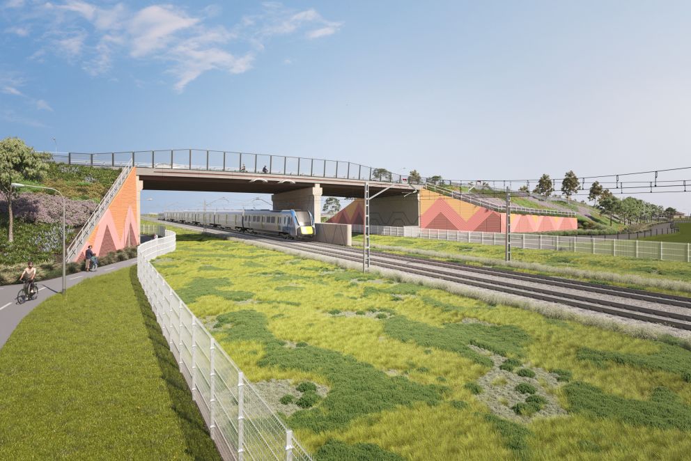 View of the new road bridge at Brunt Road facing west from the new shared use path