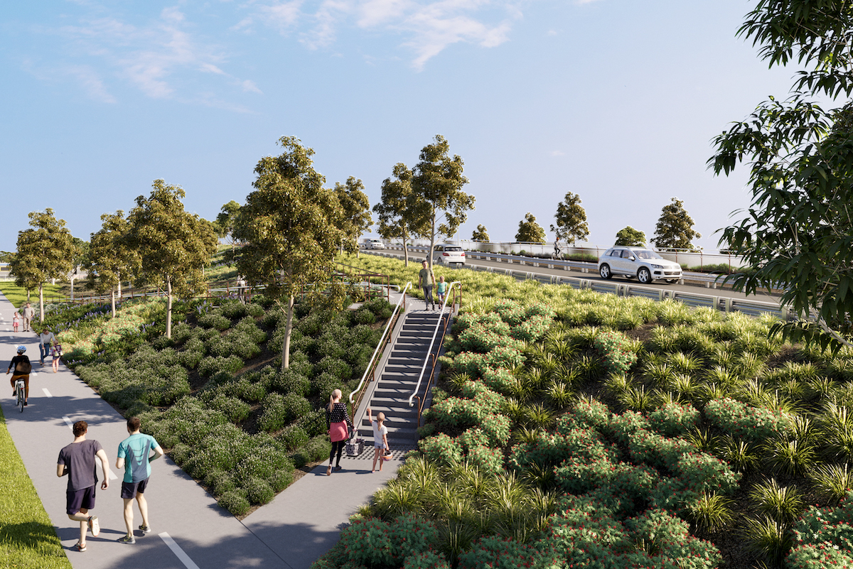  View of the road bridge embankment, facing north from Copper Beech Road. Artist impression only, subject to change.