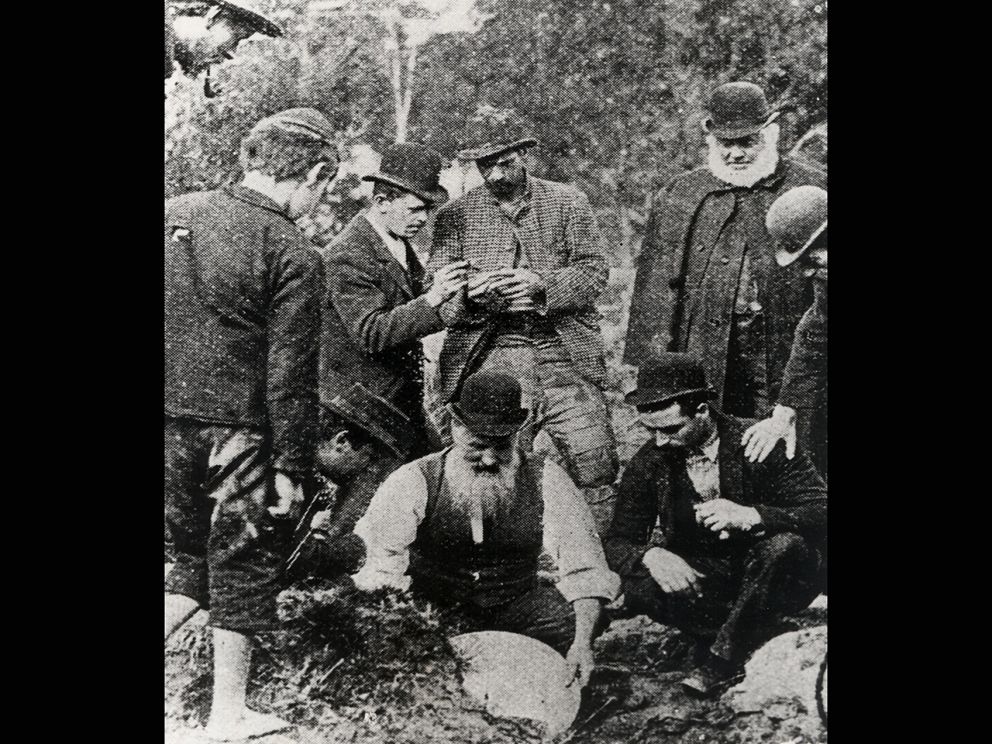 Image shows, Goldminers behind Mountain View Hotel, 1896