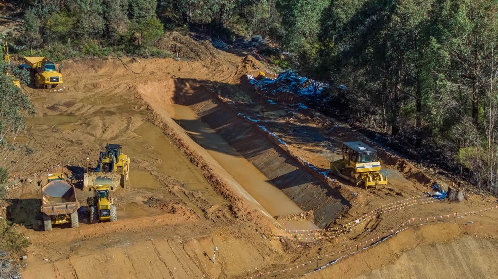 Construction vehicles at the top of the Bogong High Plains Road landslip